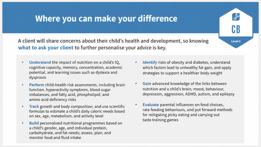 Infographic of learning outcomes for the Advanced Child and Brain Development Nutritional Advisor™ certification