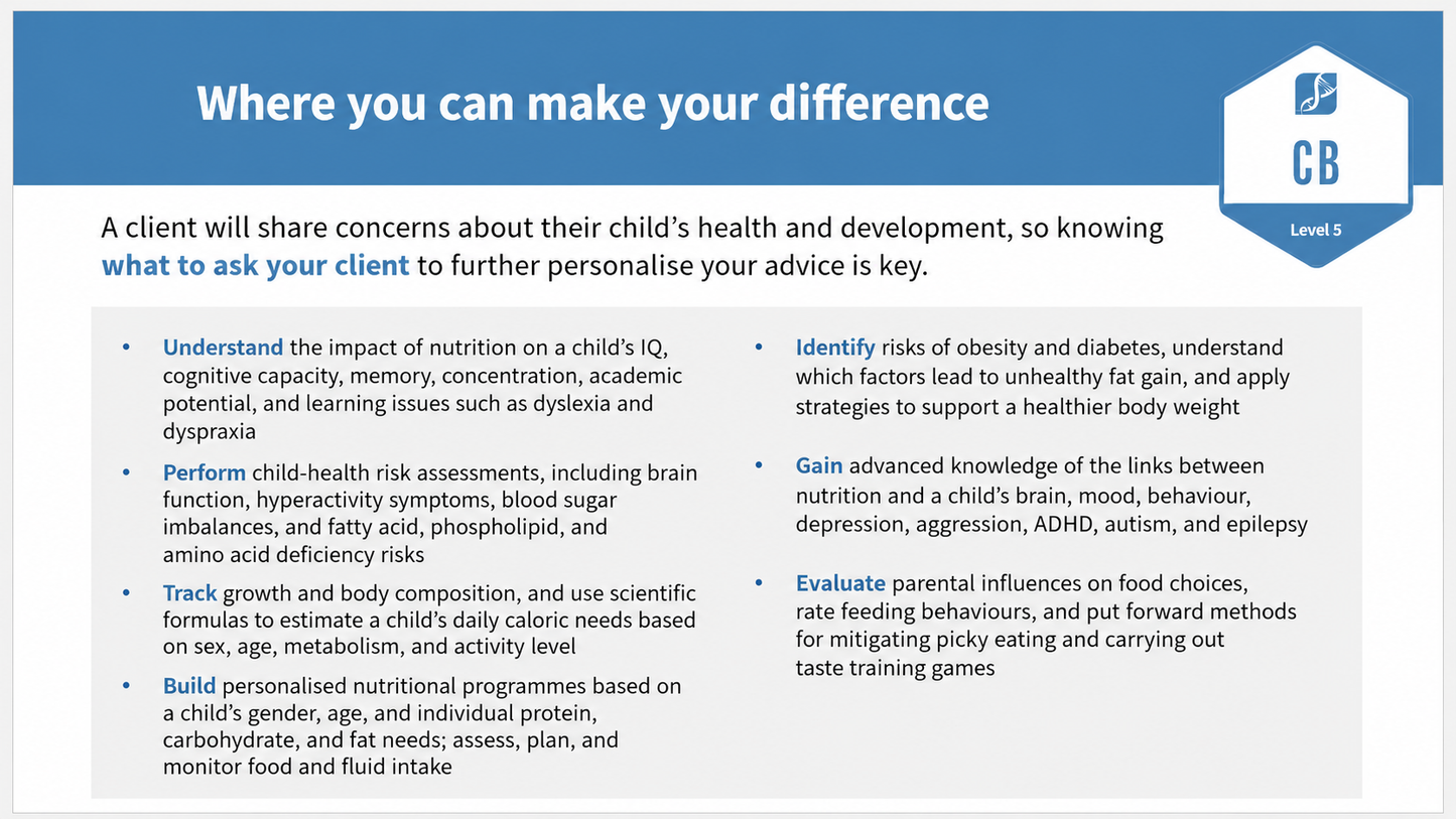 Infographic of learning outcomes for the Advanced Child and Brain Development Nutritional Advisor™ certification