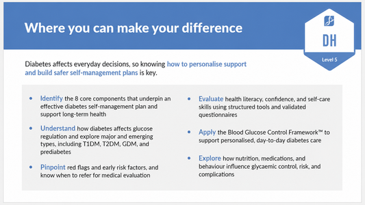 Infographic of learning outcomes for the Diabetes Health Certification