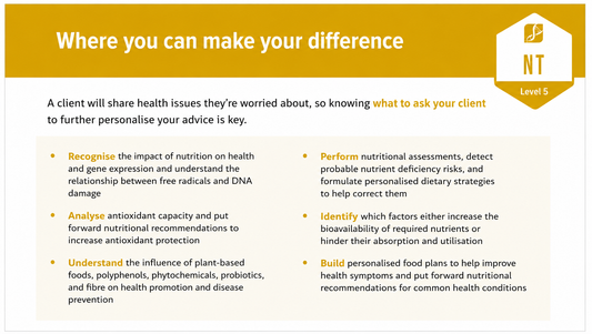 Infographic of learning outcomes for the Nutritional Therapist Certification