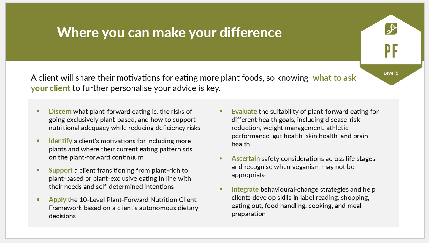 Infographic of learning outcomes for the Advanced Plant-Forward Nutrition Specialist™ certification