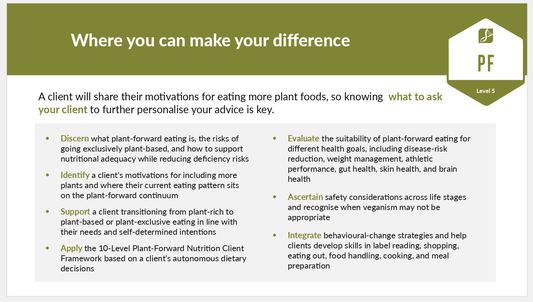 Infographic of learning outcomes for the Advanced Plant-Forward Nutrition Specialist™ certification