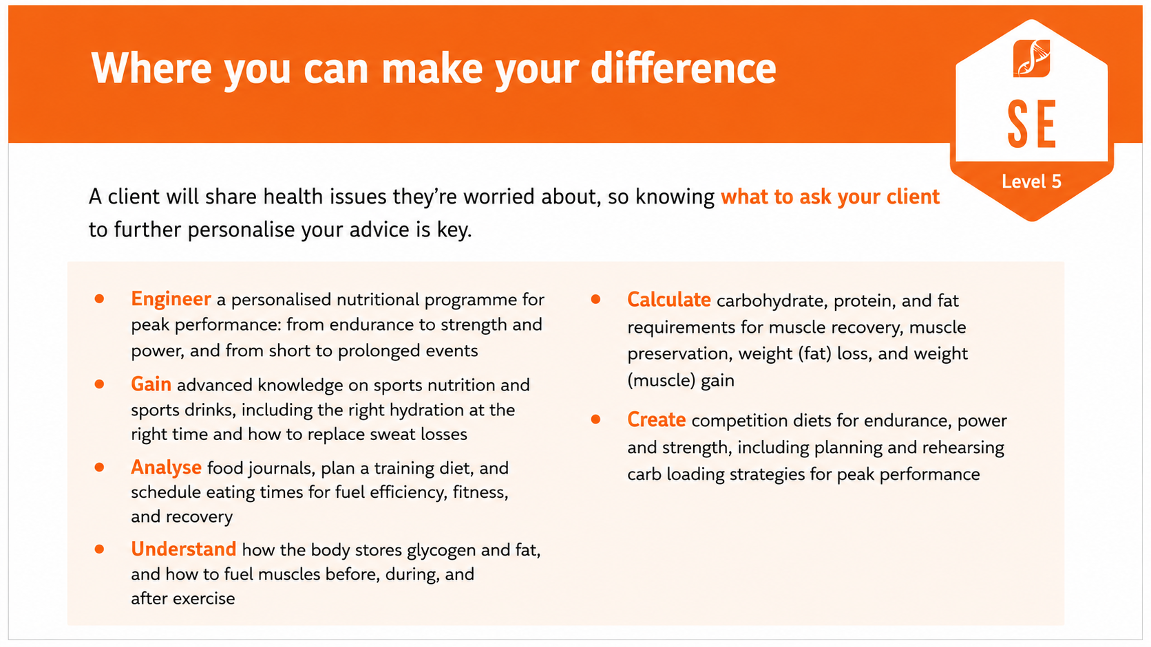 Infographic of learning outcomes for the Advanced Sports and Exercise Nutritional Advisor™ certification